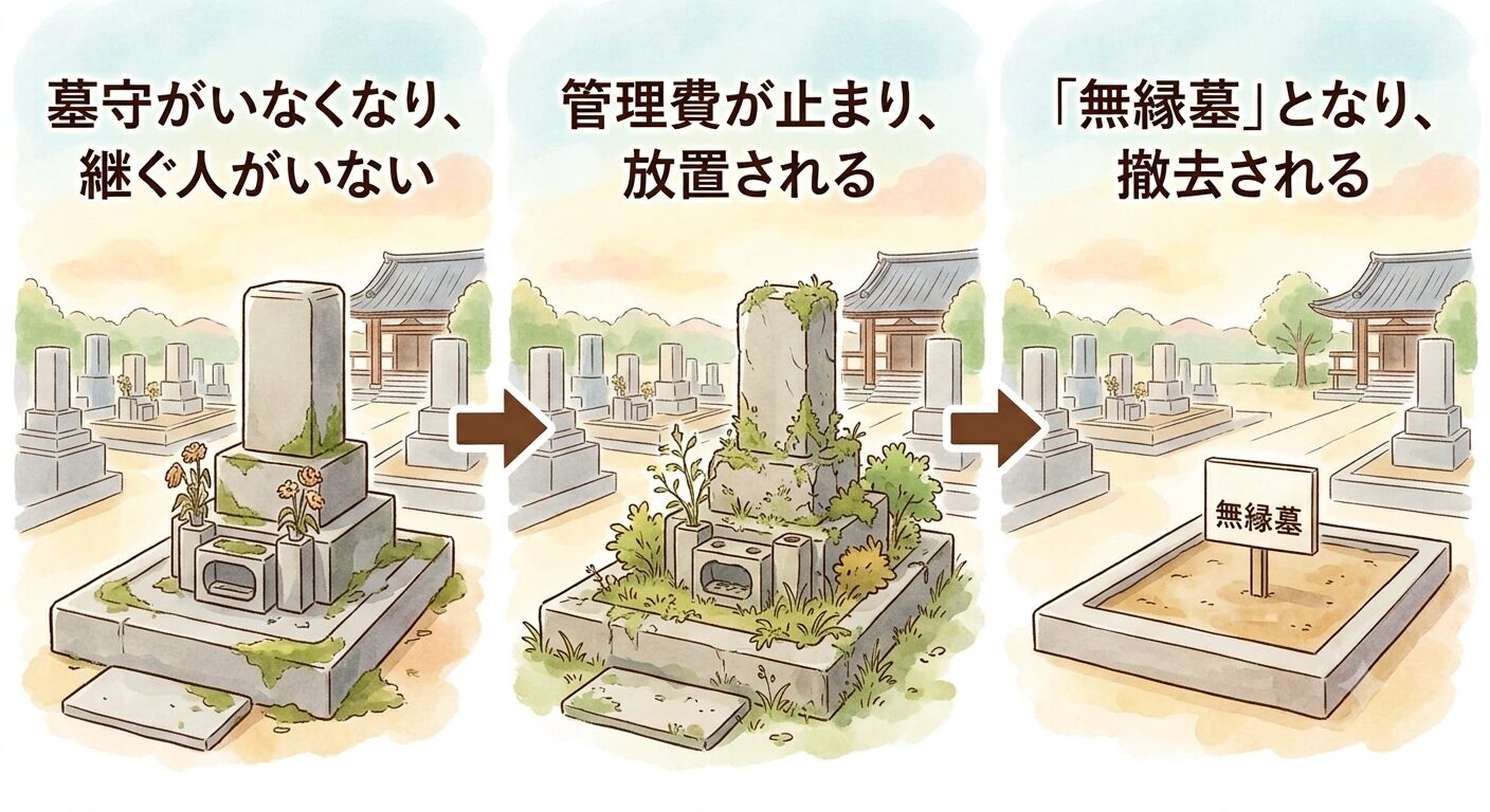 墓守がいなくなり名義人と管理費が放置されたお墓が、無縁墓として撤去の対象になることを示すイラスト