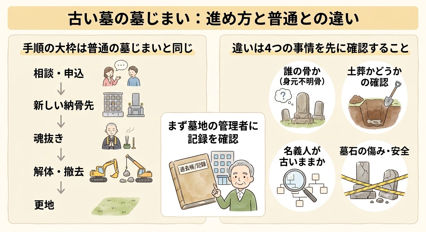 古い墓の墓じまいは手順の大枠は普通と同じで4つの事情を先に確認すると伝えるイラスト