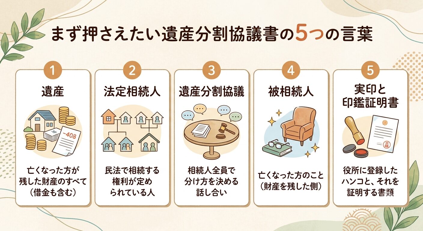 遺産・法定相続人・遺産分割協議・被相続人・実印と印鑑証明書という遺産分割協議書で押さえたい5つの言葉と意味をまとめた図解