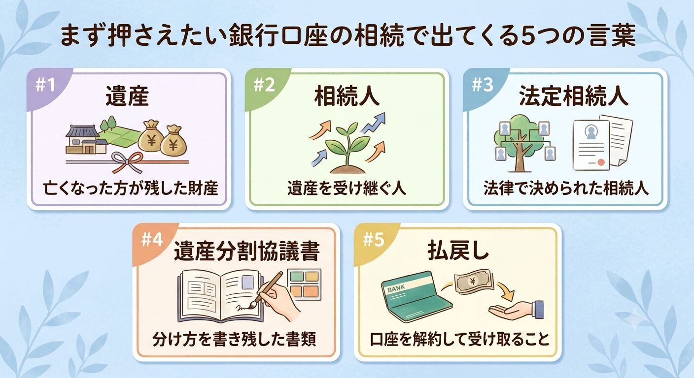 遺産・相続人・法定相続人・遺産分割協議書・払戻しという銀行口座の相続で出てくる5つの言葉と意味をまとめた図解