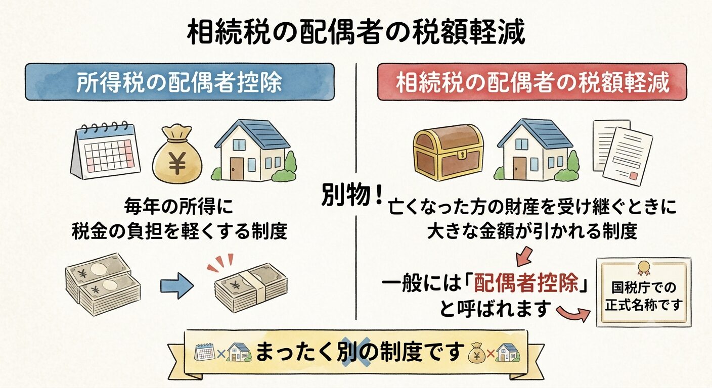 相続税の配偶者控除が正式には配偶者の税額軽減と呼ばれ、所得税の配偶者控除とは別の制度であることを示した図解