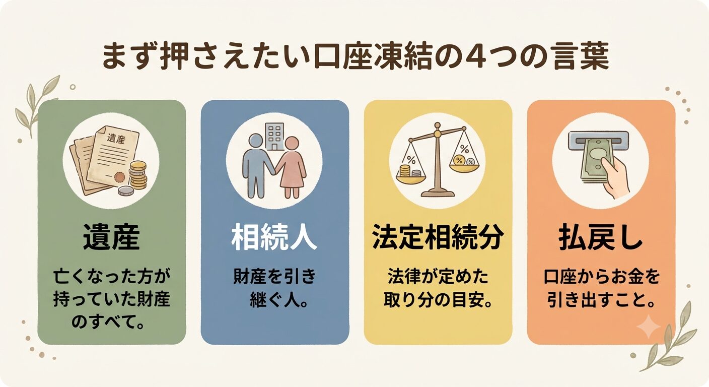口座凍結の手続きに出てくる遺産・相続人・法定相続分・払戻しの4つの言葉と意味をまとめた図解