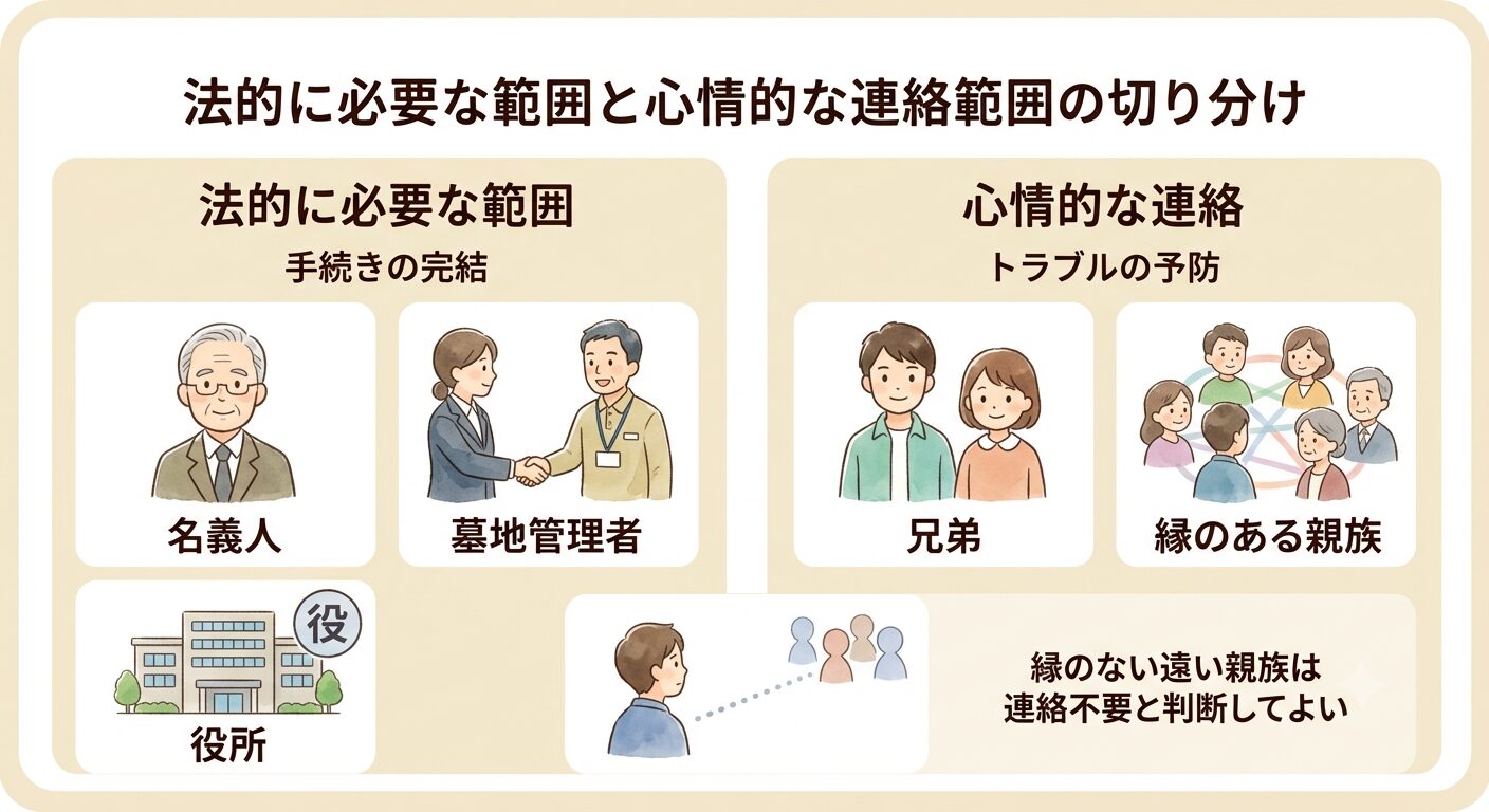 法的に必要な範囲と心情的な連絡範囲の切り分けを名義人・墓地管理者と兄弟・縁のある親族に分けて伝えるイラスト