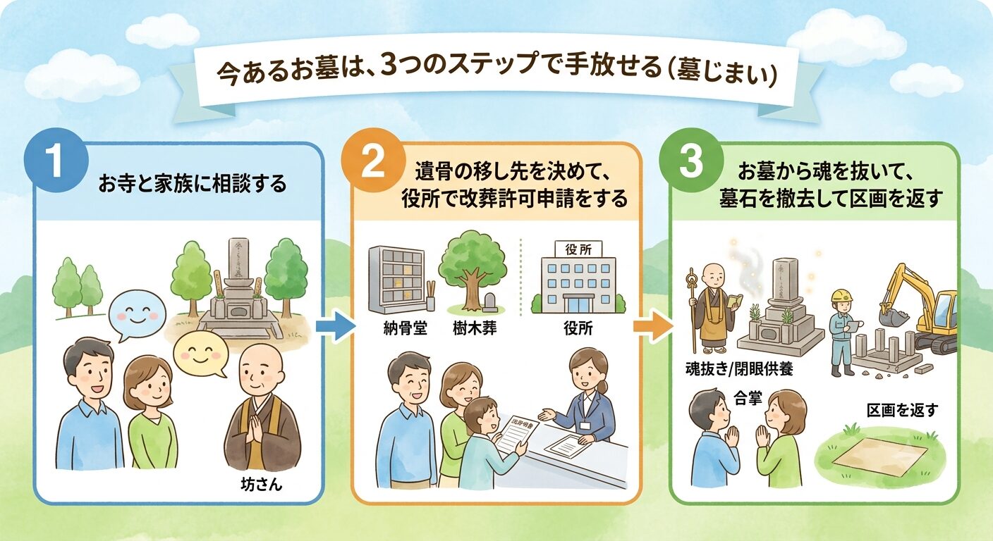 今あるお墓を手放す墓じまいは相談・改葬許可申請・撤去の3ステップで進むと示すイラスト