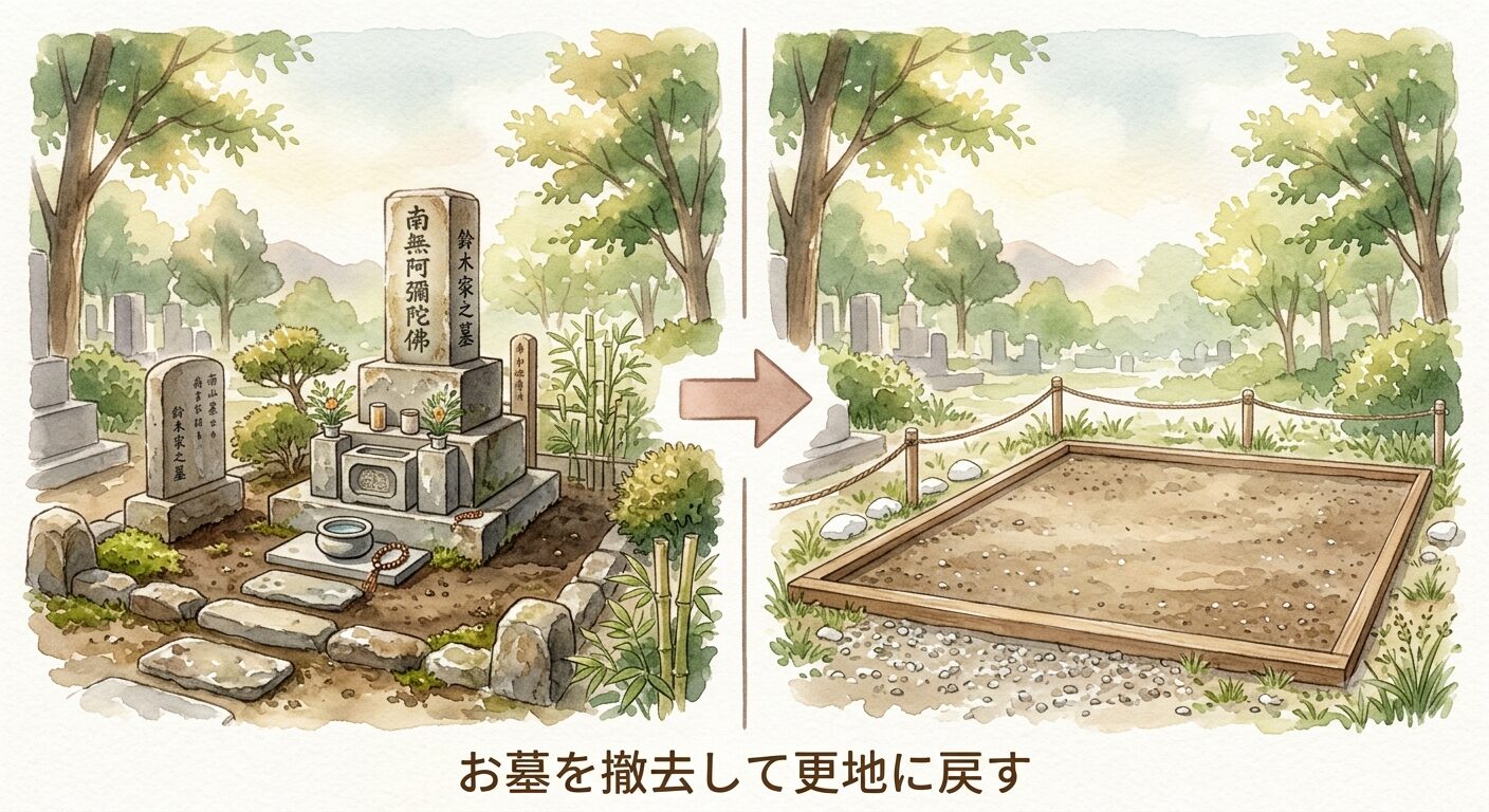 お墓を撤去して更地に戻す廃墓(墓じまい)を表したイラスト