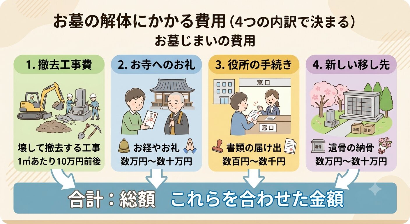 お墓の解体にかかる費用は工事費・お寺へのお礼・役所の手続きの費用・遺骨の移し先の費用の4つでできていることを示すイラスト