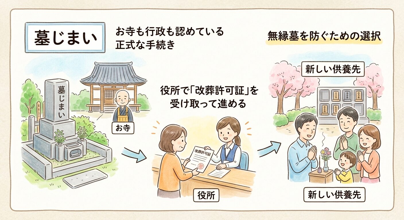 墓じまいはお寺も行政も認めている正式な手続きで役所から改葬許可証を受け取って進めると伝えるイラスト