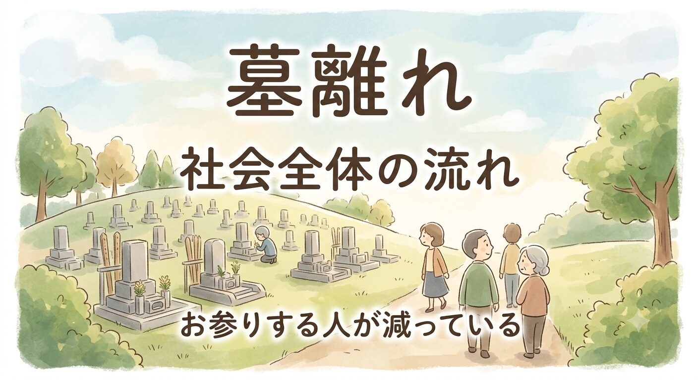 墓離れとはお墓との関わりが薄れていく社会の流れであることを伝えるイラスト