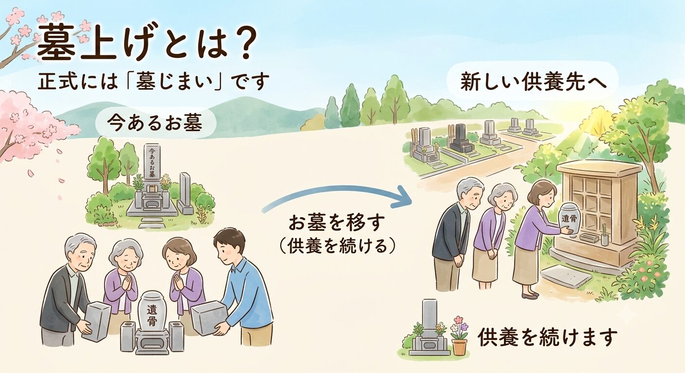 墓上げは正式には墓じまいで、お墓を片付けて遺骨を移し供養を続けることを示すイラスト