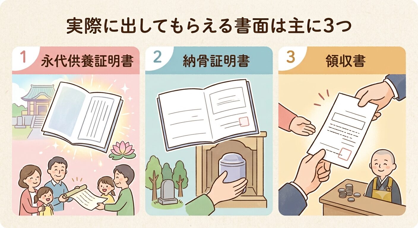 実際に出してもらえる書面は永代供養証明書・納骨証明書・領収書の主に3つであることを示すイラスト