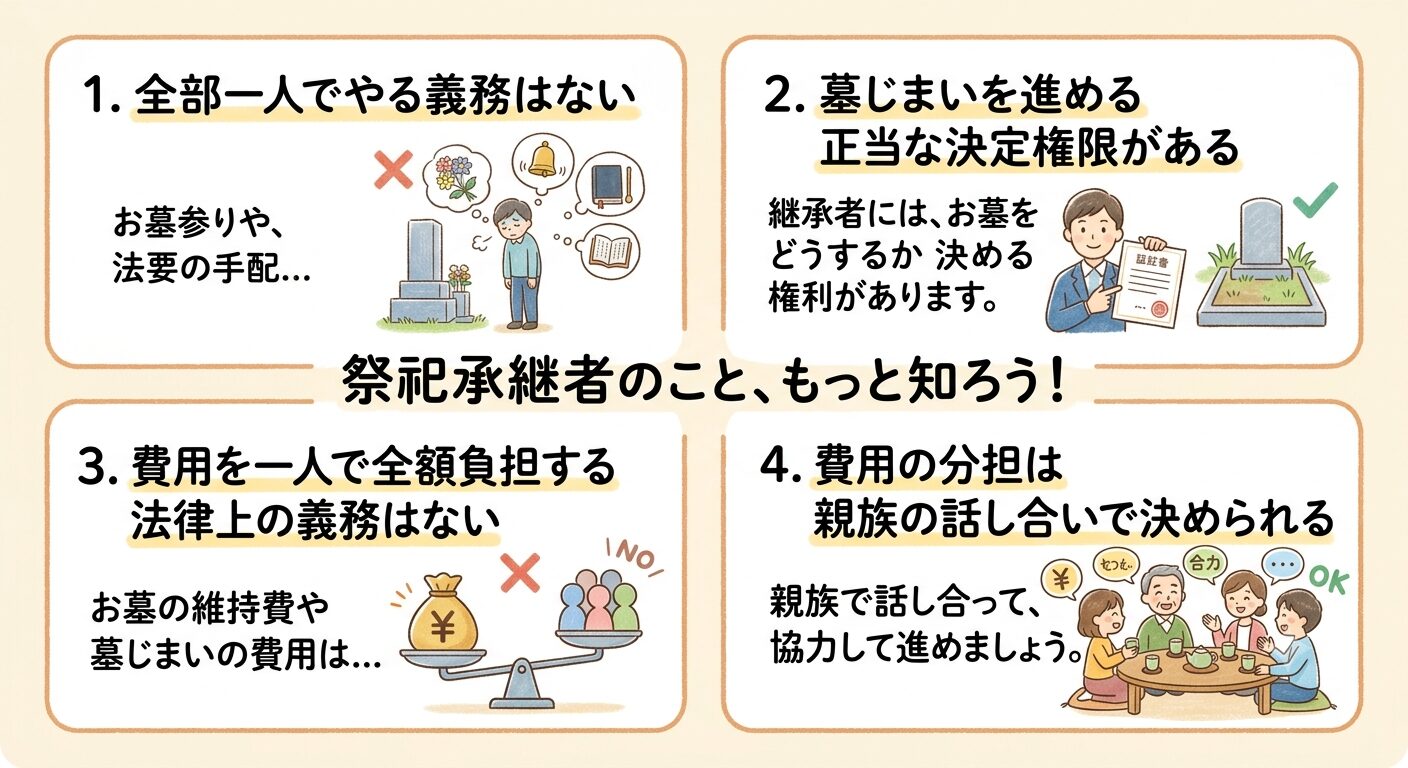 祭祀承継者には墓じまいを進める決定権限があり費用を一人で全額負担する義務はなく分担は親族の話し合いで決められると伝えるイラスト