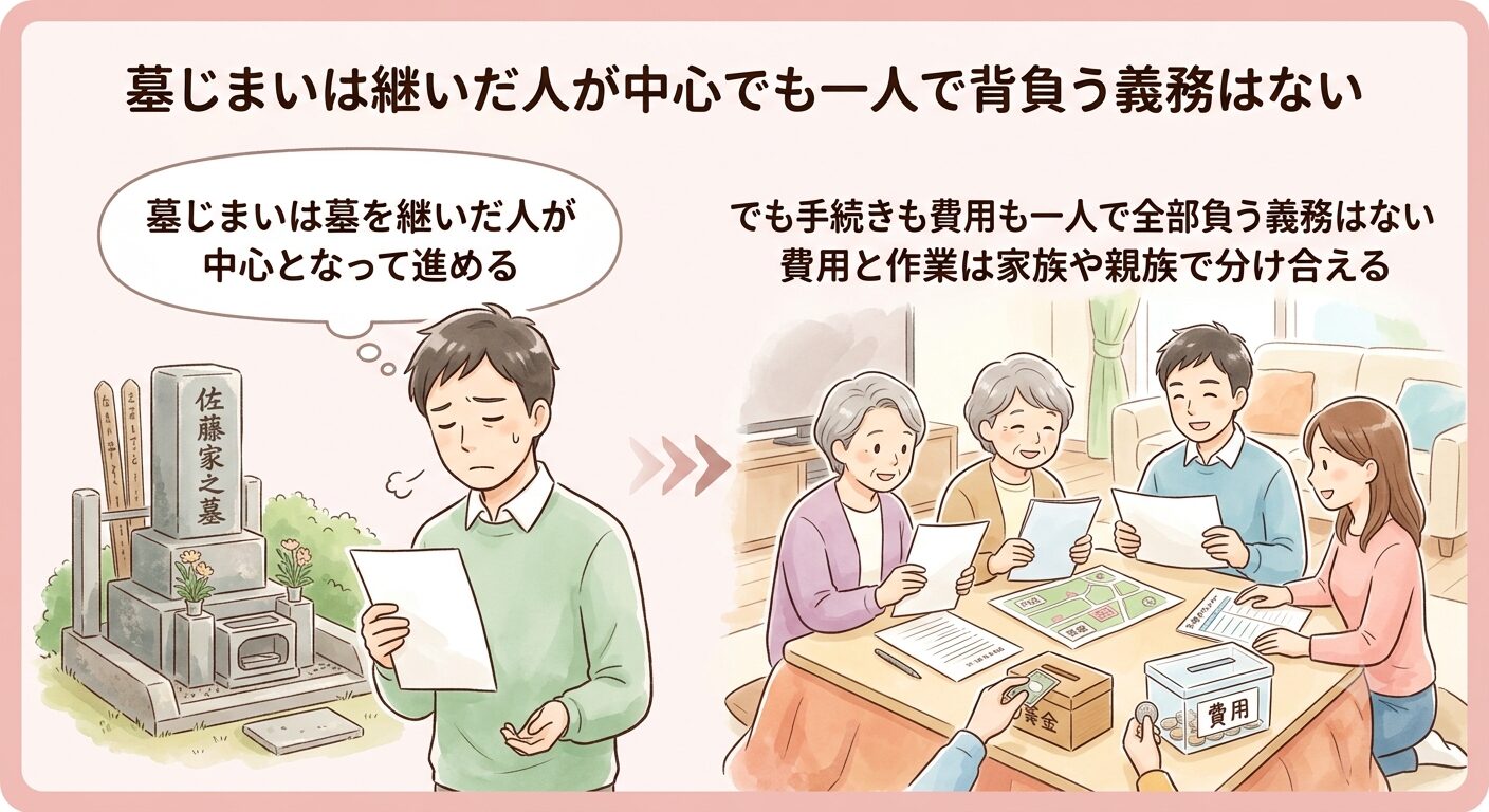墓じまいは墓を継いだ人が中心で進めるが手続きも費用も一人で背負う義務はなく家族や親族で分け合えると伝えるイラスト