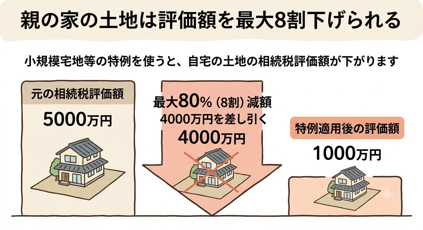 小規模宅地等の特例で自宅の土地の相続税評価額が5000万円から1000万円へ8割下がることを示した図解