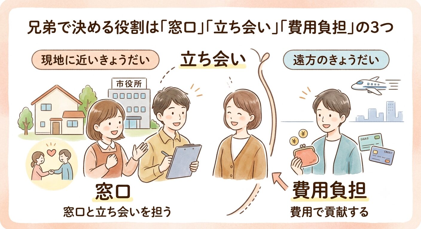墓じまいで兄弟が決める役割は窓口と立ち会いと費用負担の3つで現地に近いきょうだいが窓口と立ち会い遠方のきょうだいは費用で貢献すると伝えるイラスト