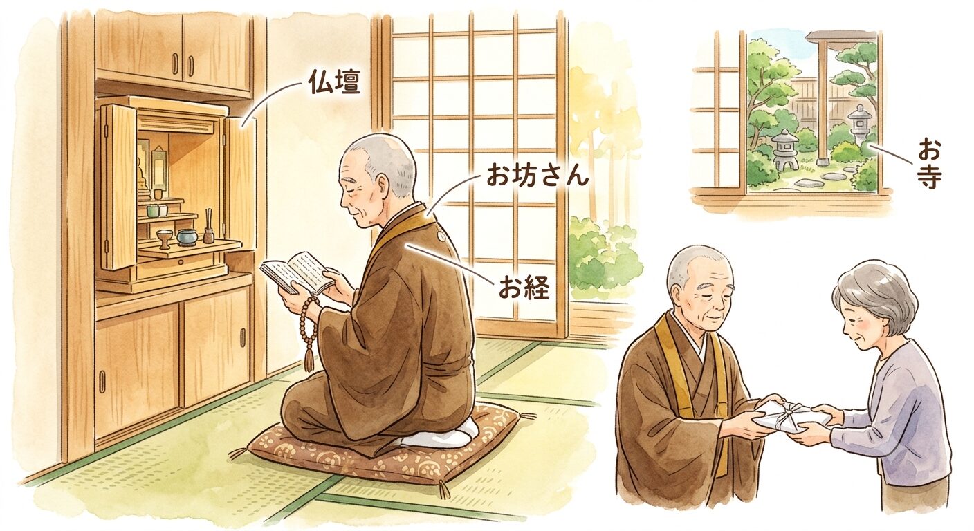 供養でお坊さんが仏壇の前でお経をあげ、お布施を渡す様子を示すイラスト
