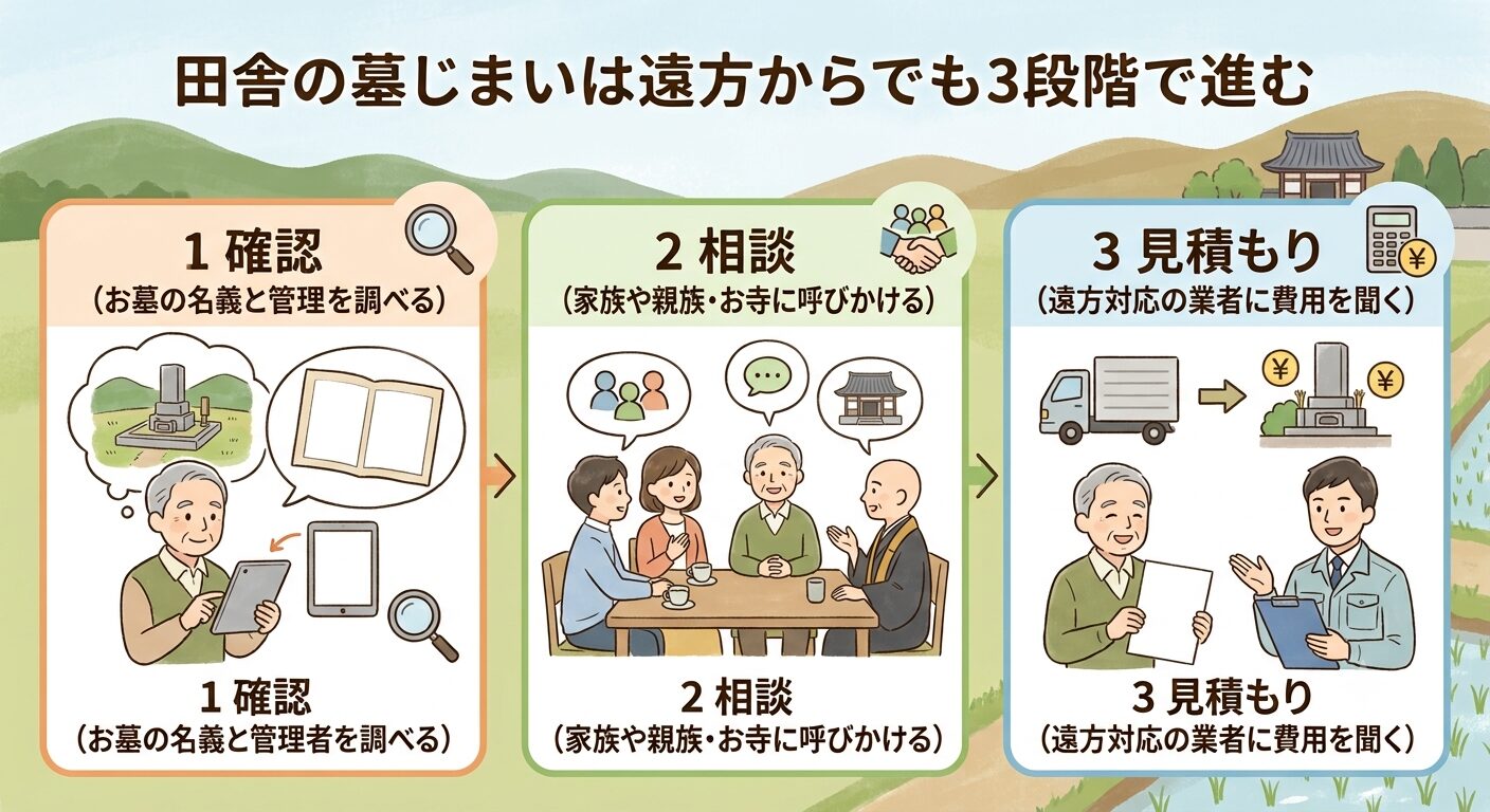 田舎の墓じまいは確認・相談・見積もりの3段階で遠方からでも進められると伝えるイラスト