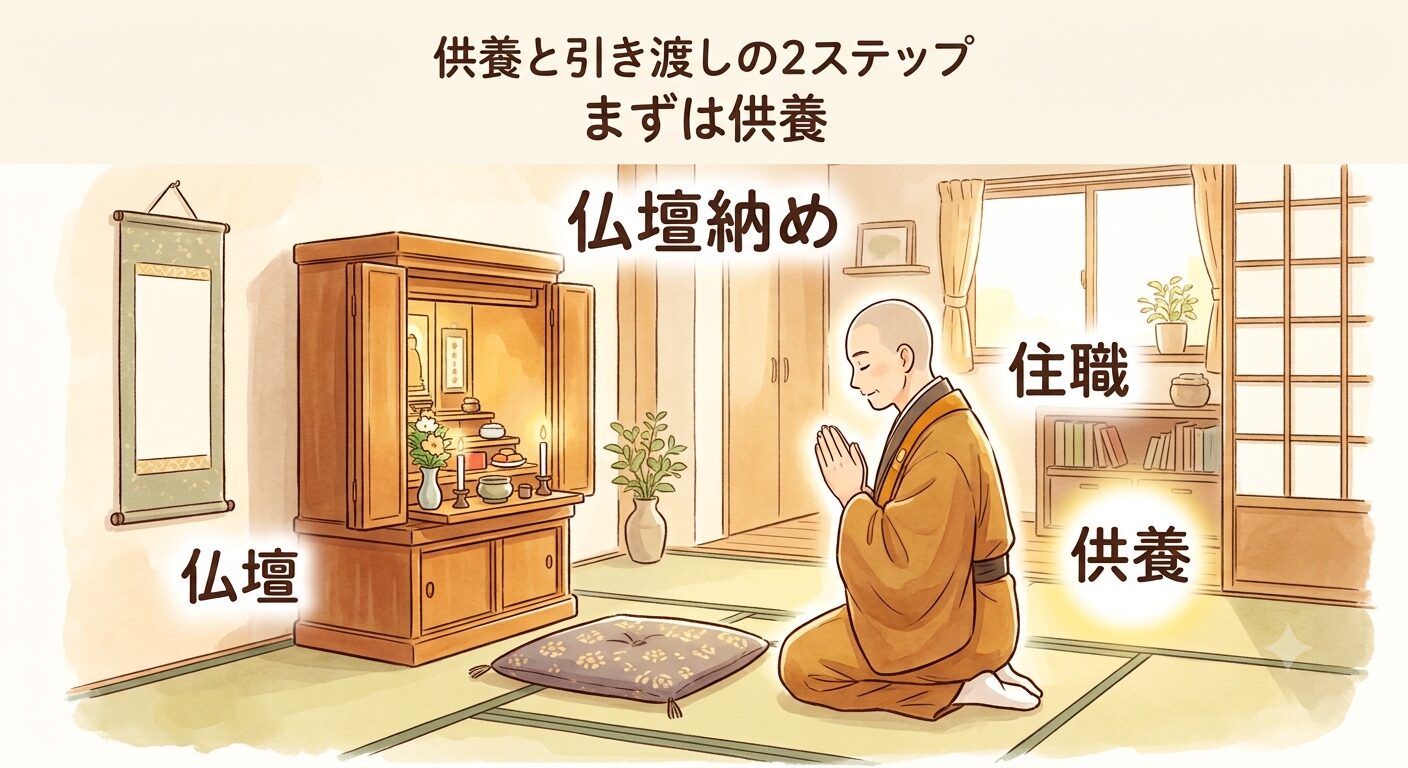 仏壇納めは供養と納め先への引き渡しの2ステップで進めることを示すイラスト