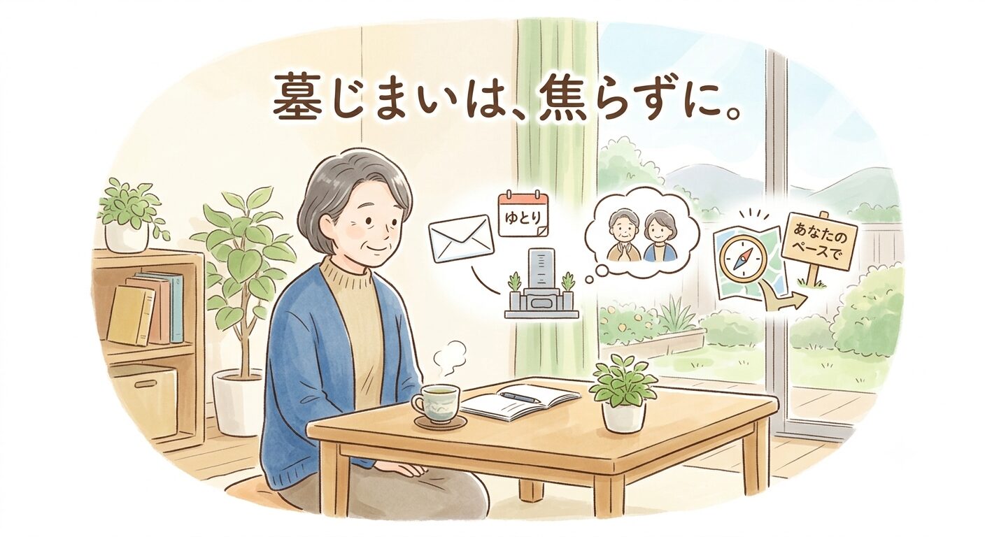 墓じまいはあわててしなくても大丈夫なことが多いと伝えるイラスト。通知や猶予があり突然撤去されない、管理できていなくてもご先祖を粗末にすることにはならない