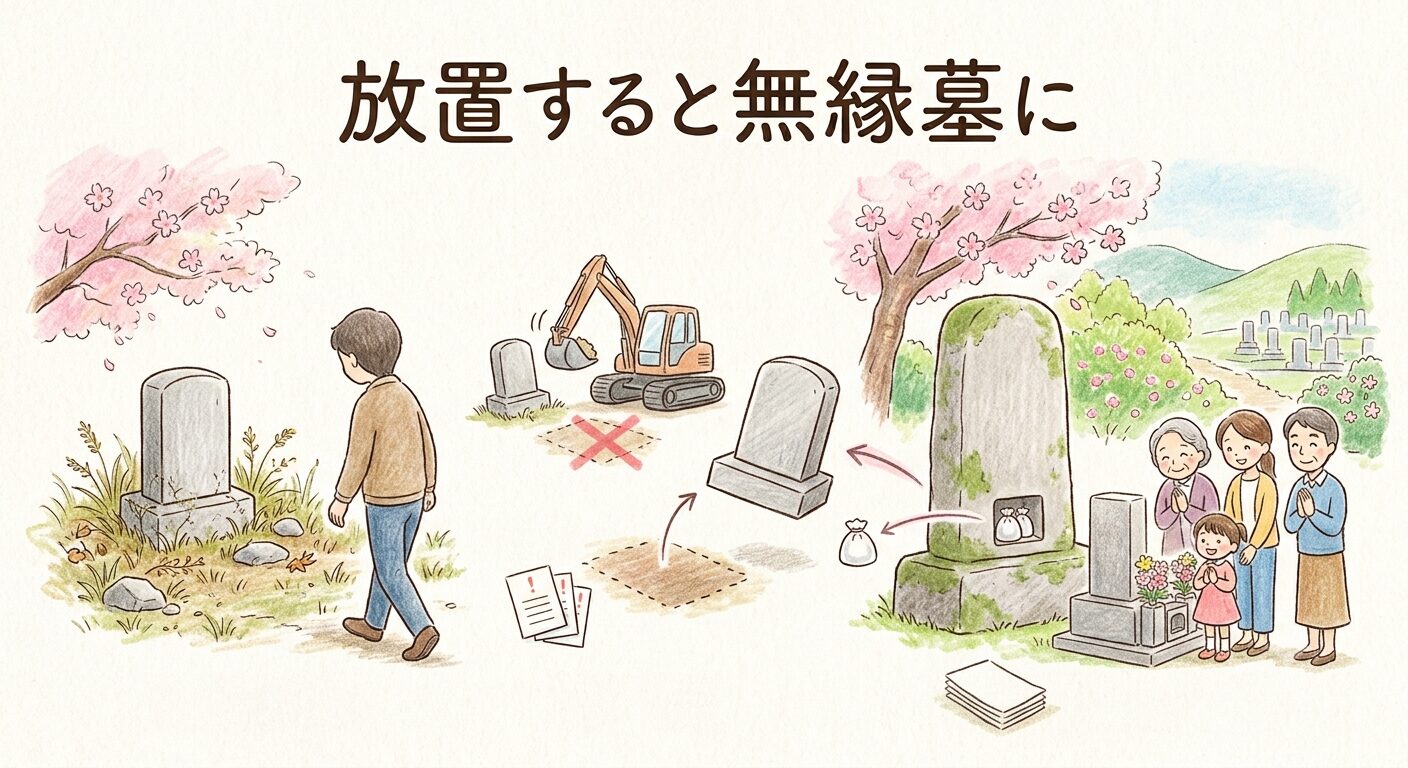 守る人がいないお墓が放置されて無縁墓になるまでの流れを表したイラスト