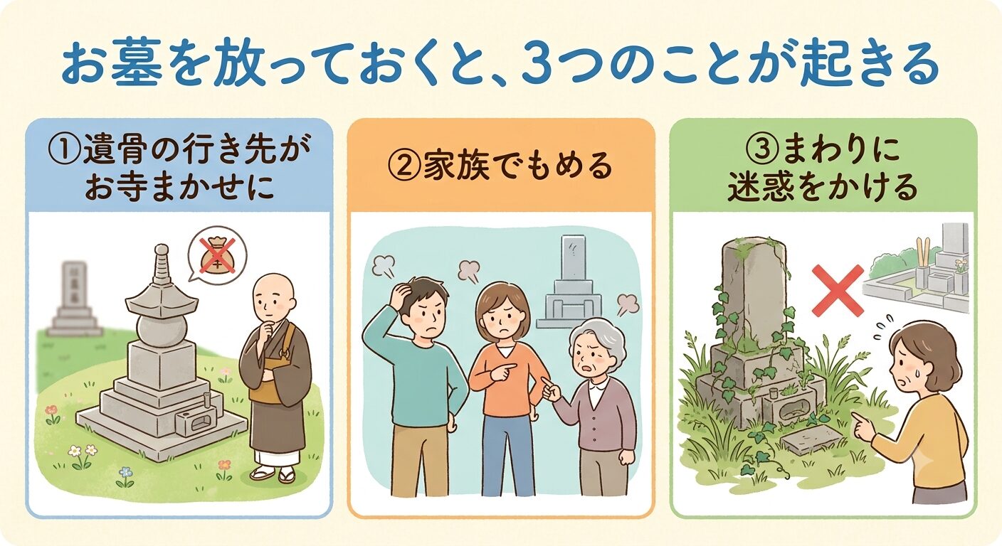 お墓を放っておくと管理費の滞納・家族のもめごと・無縁墓の3つが起きると示すイラスト