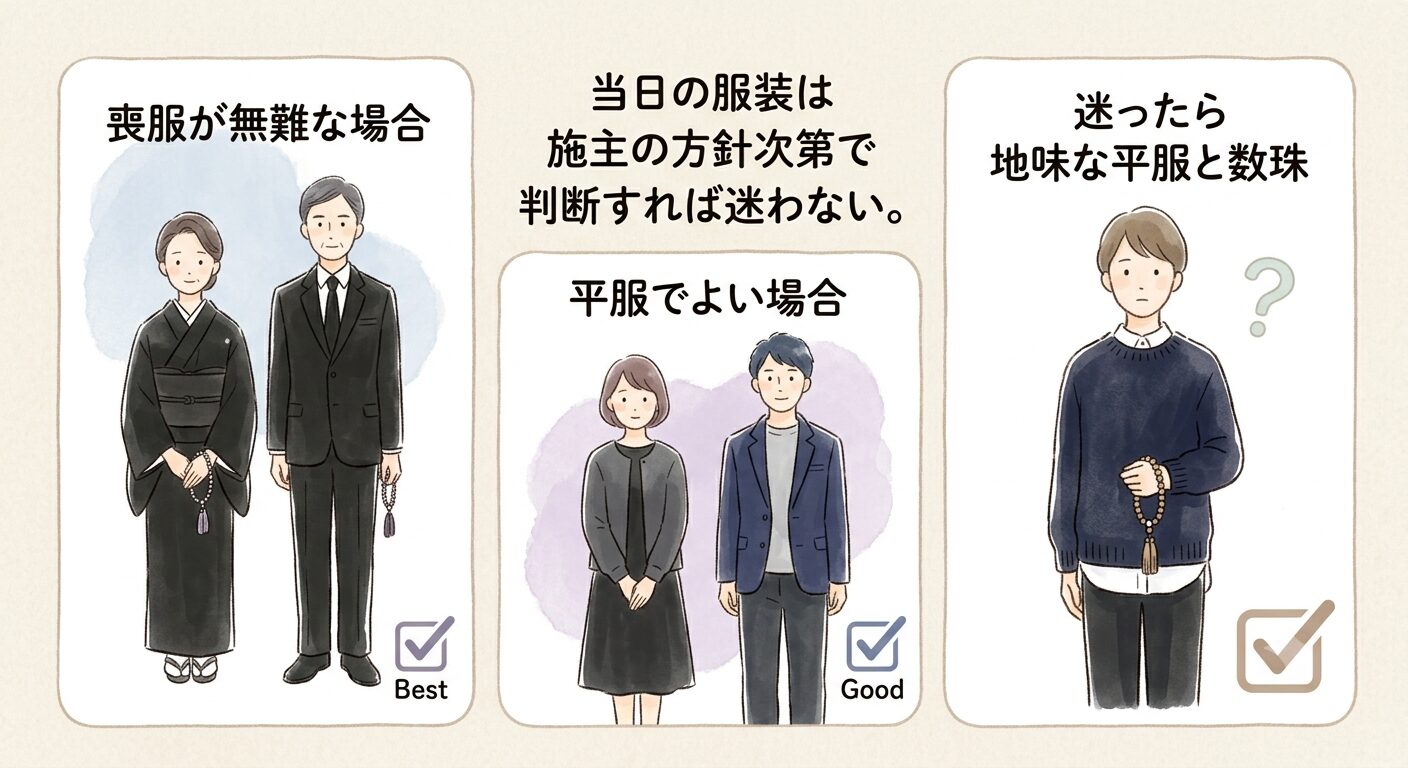 当日の服装は施主の方針次第で判断すれば迷わない。喪服が無難な場合、平服でよい場合、迷ったら地味な平服と数珠と伝えるイラスト