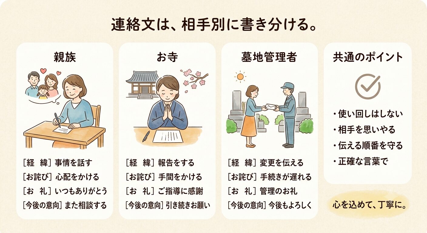 墓じまいの連絡文は親族・お寺・墓地管理者の相手別に書き分けると失礼なく伝わると示すイラスト
