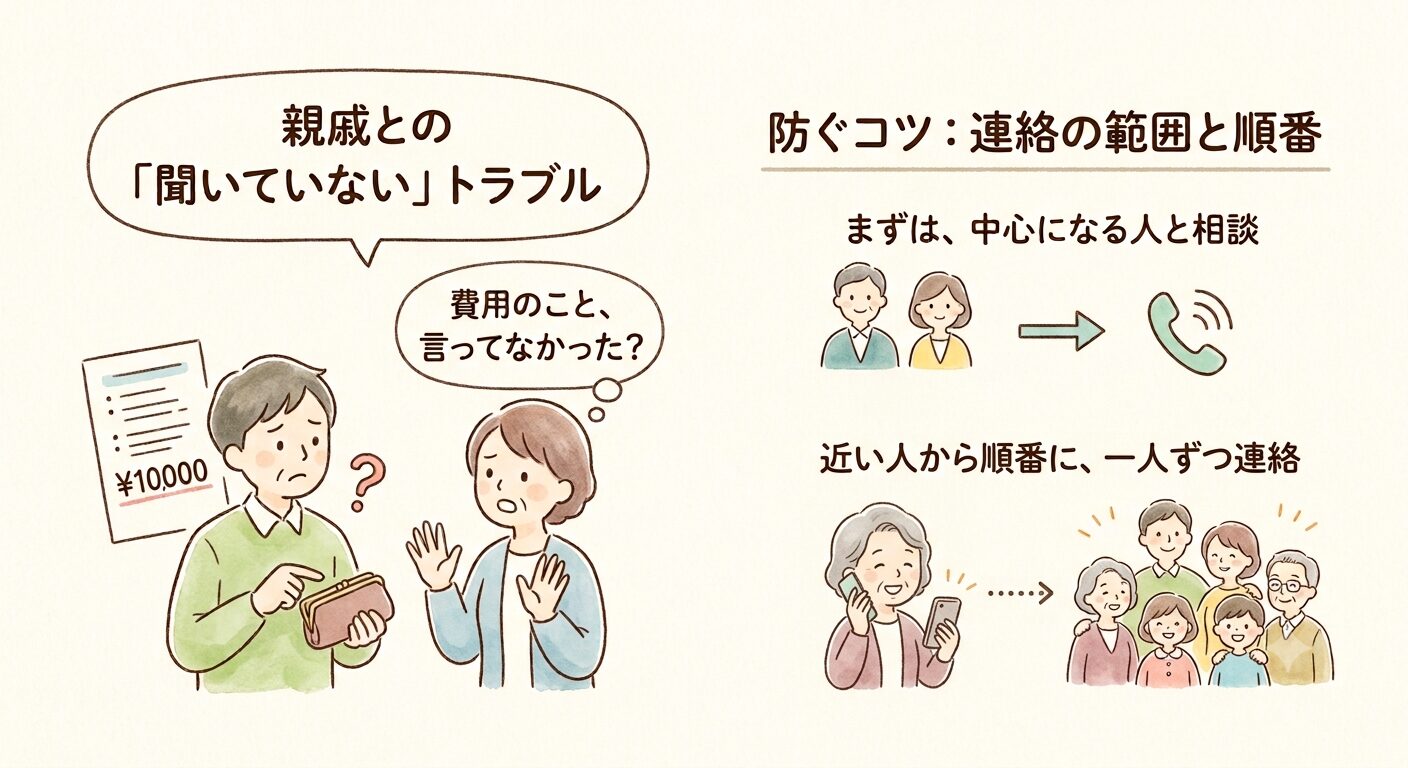 親戚とのよくあるトラブル例は聞いていないと費用のもめごとで防ぐコツは連絡の範囲と順番の決め方だと伝えるイラスト