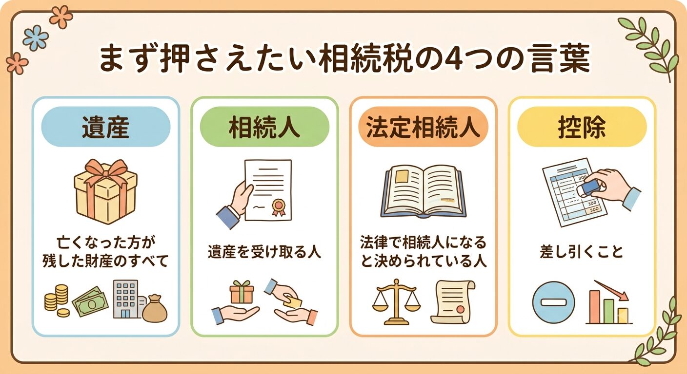 相続税の話に出てくる遺産・相続人・法定相続人・控除の4つの言葉と、それぞれの意味をまとめた図解