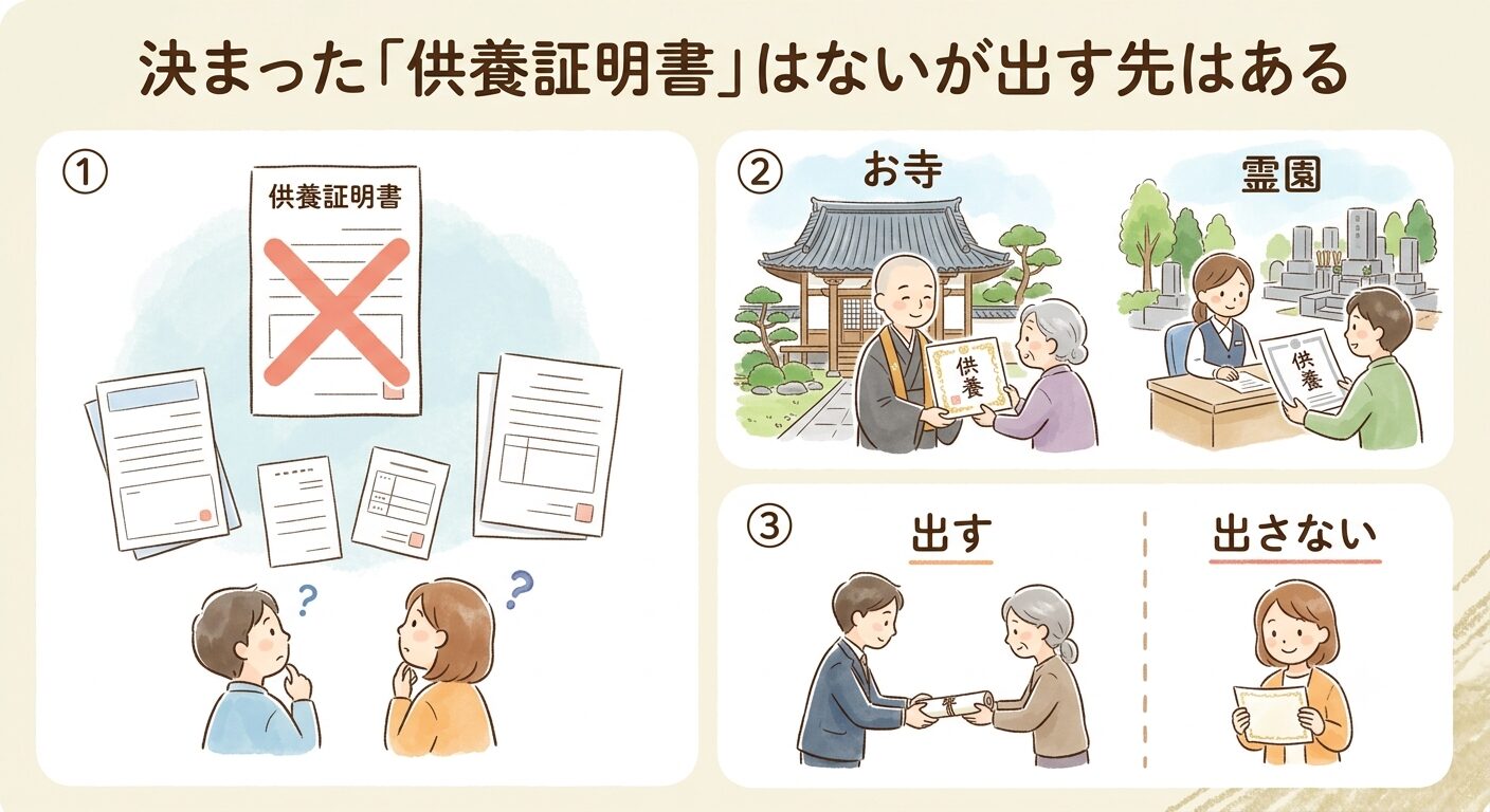全国共通で様式が決まった供養証明書はないが、お寺や霊園が独自の書面を出す先と出さない先に分かれることを示すイラスト