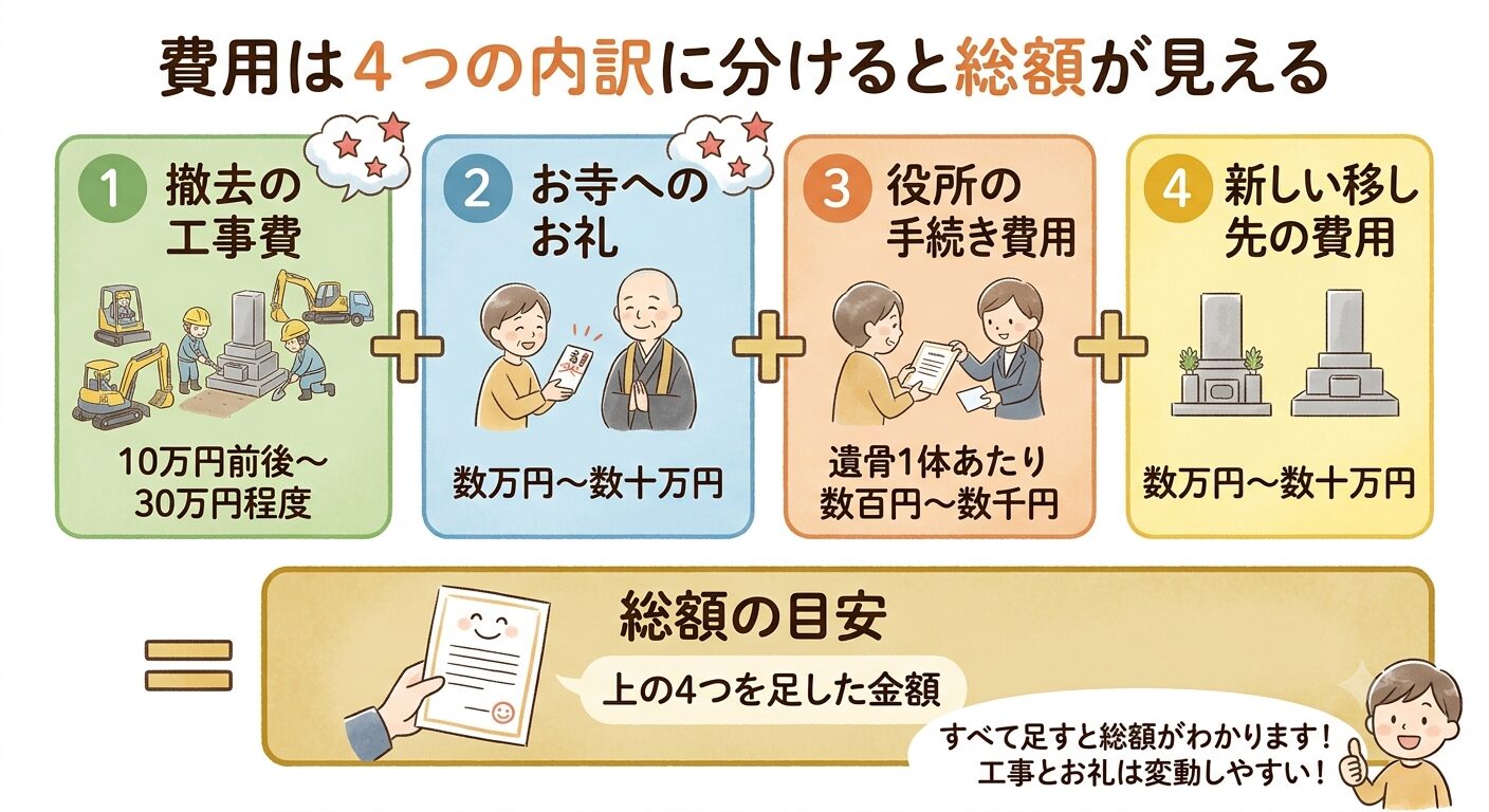 お墓をしまう費用は撤去の工事費・お寺へのお礼・役所の手続き・新しい移し先の4つの内訳を足すと総額が見えることを示すイラスト
