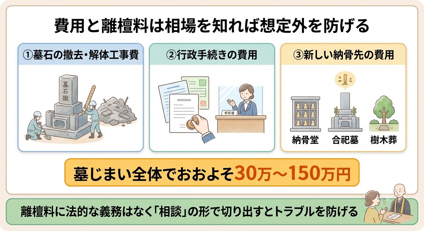 墓じまいの費用は撤去工事費・行政手続き・新しい納骨先の3項目で全体の目安を示すイラスト
