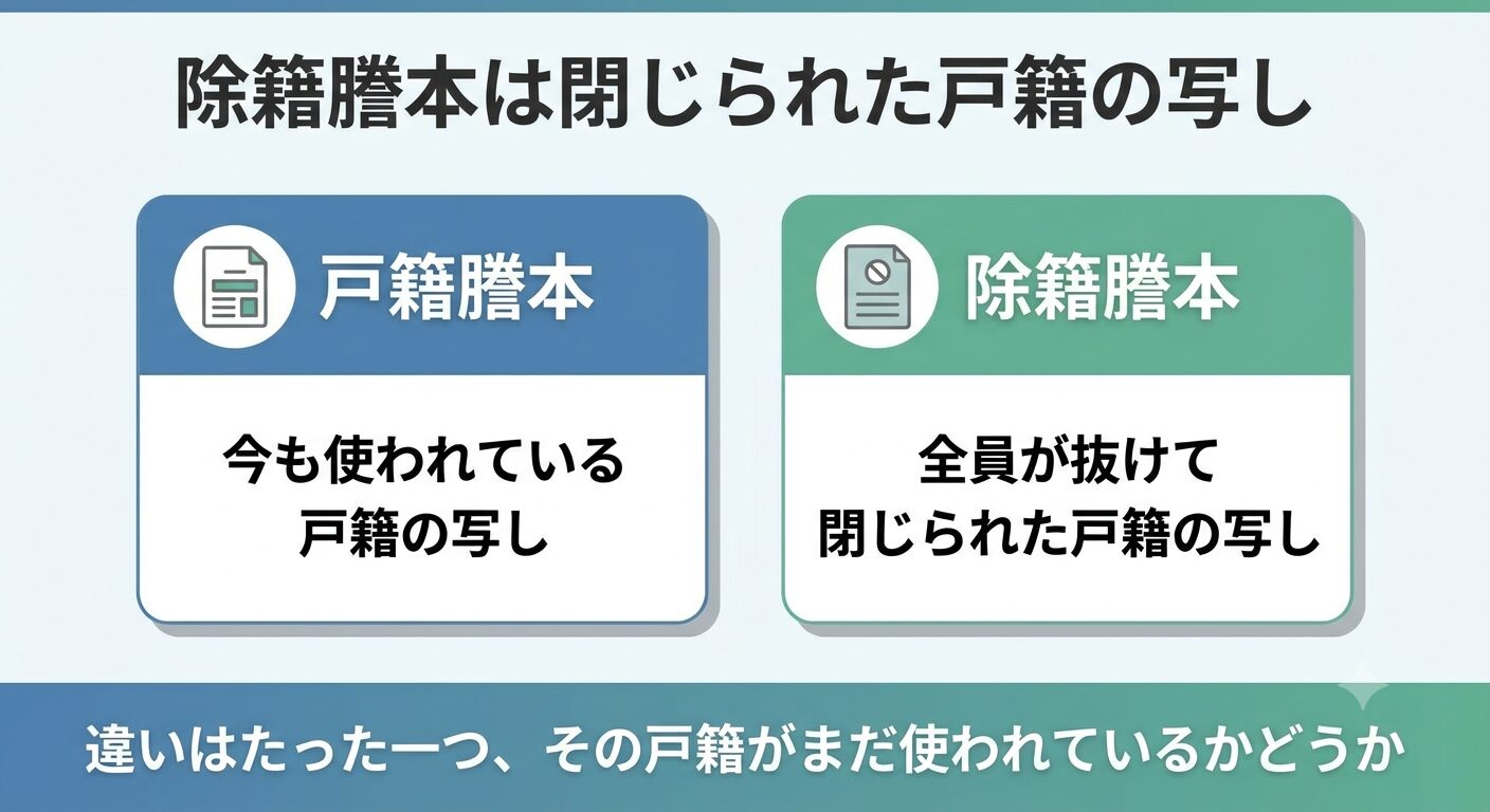 戸籍謄本は今も使われている戸籍の写し、除籍謄本は全員が抜けて閉じられた戸籍の写しという違いを左右で比較した図解