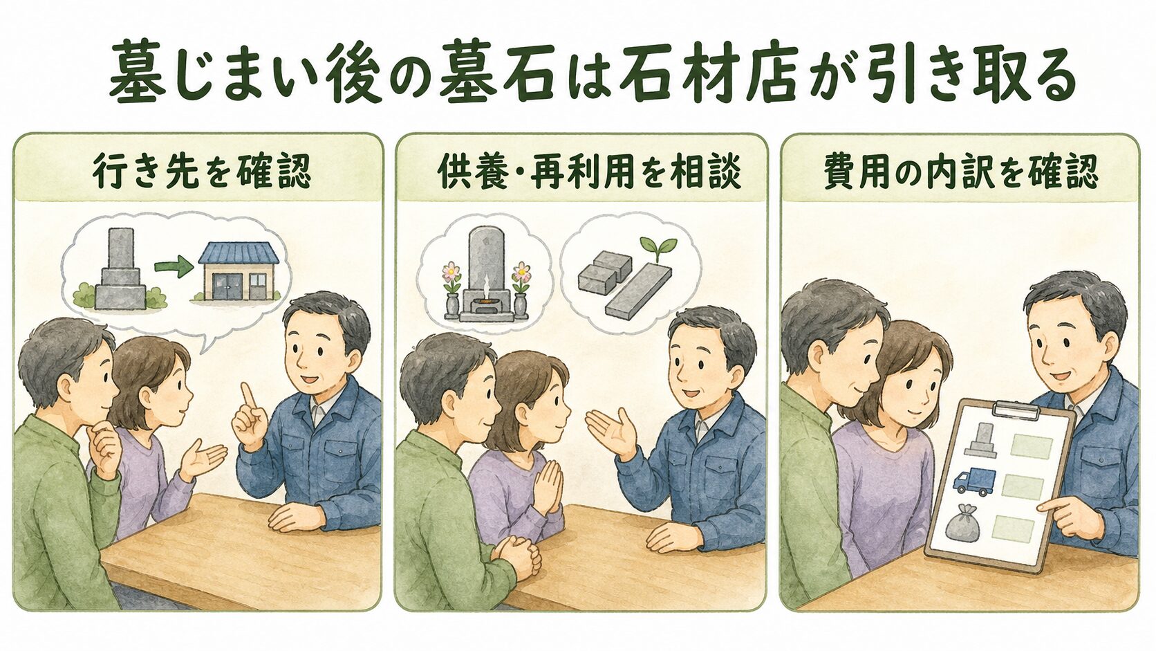 墓じまい後の墓石について確認する3つの要点を示すイラスト
