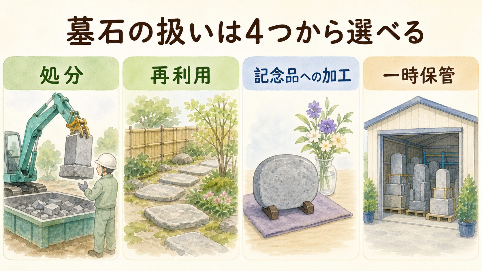 墓石の処分・再利用・記念品への加工・一時保管を示すイラスト