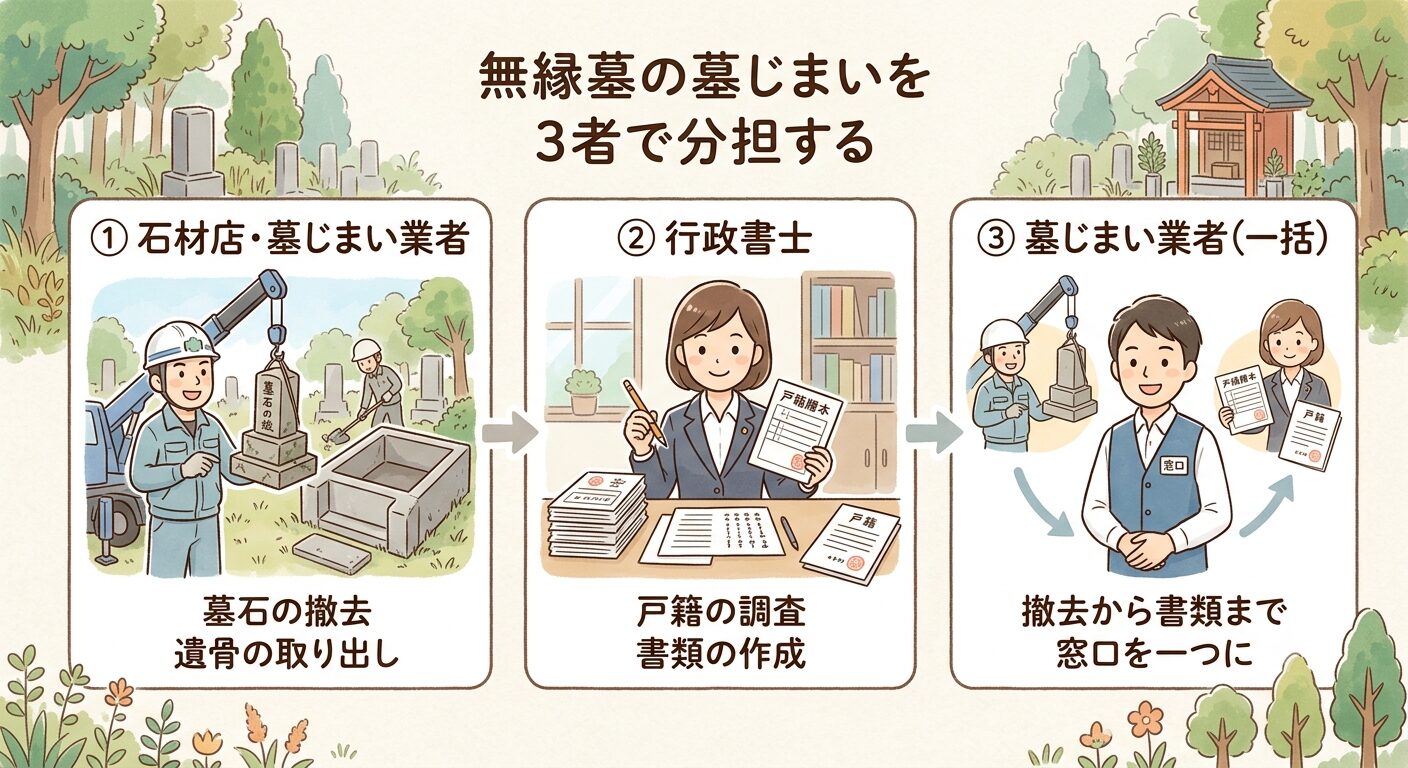 無縁墓の墓じまいを3者で分担して進めることを伝えるイラスト