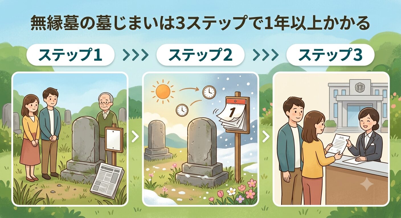 無縁墓の墓じまいの3つのステップを伝えるイラスト