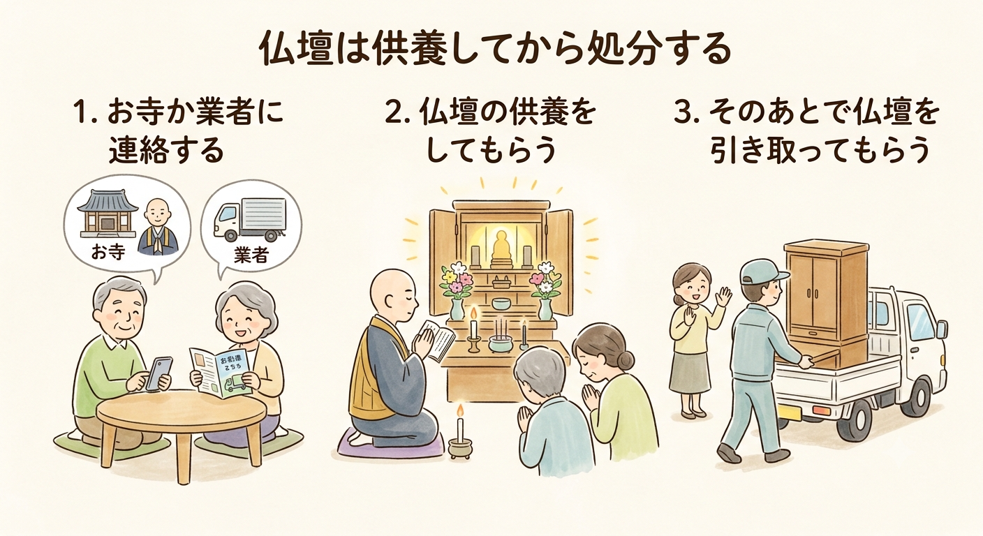 浄土宗の仏壇じまいは供養してから処分する流れをやさしく描いたイラスト