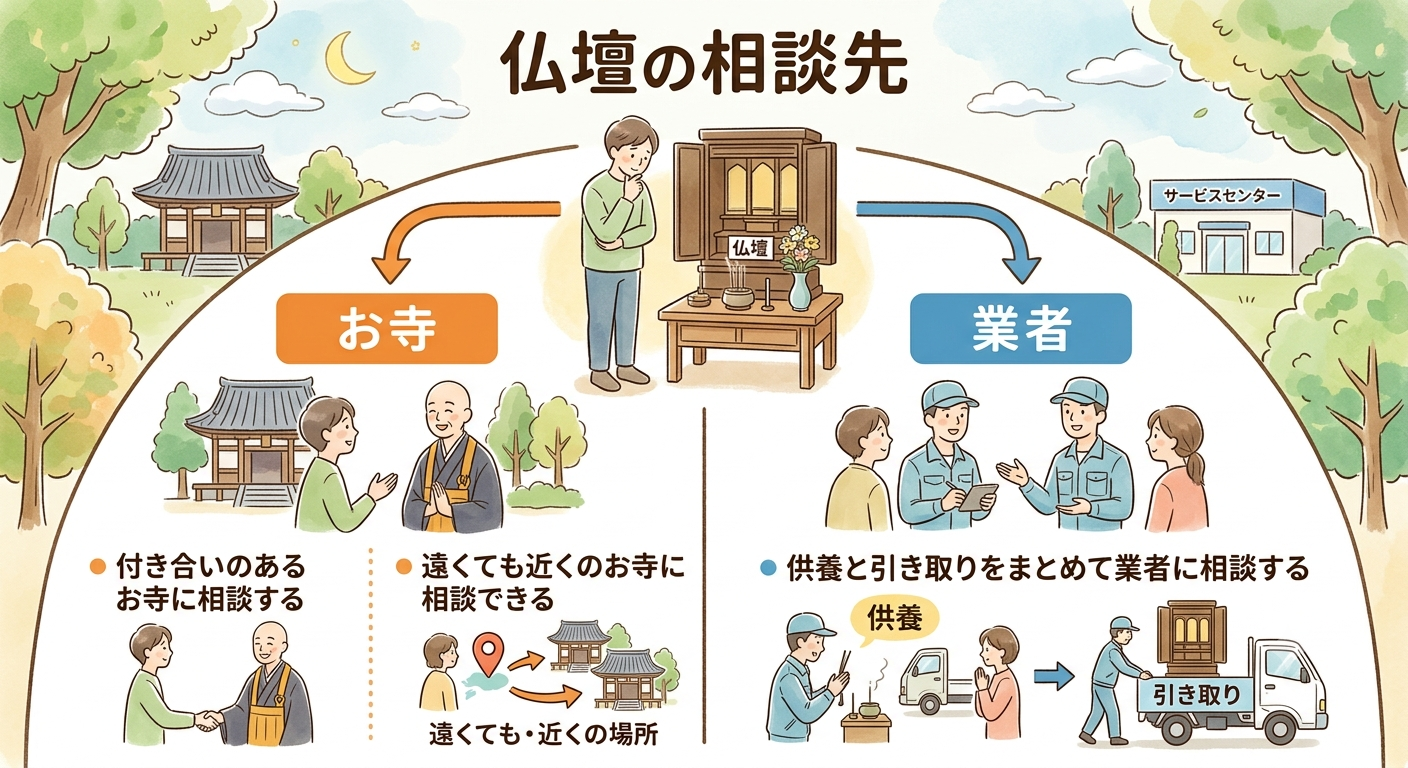 仏壇じまいの相談先はお寺か引き取り業者の2択であることをやさしく描いたイラスト