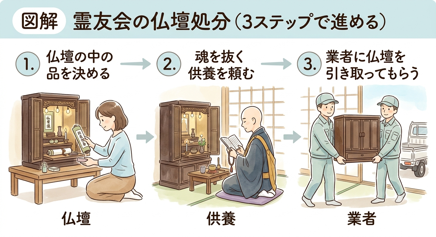 霊友会の仏壇処分を3ステップで進める流れをやさしく描いたイラスト