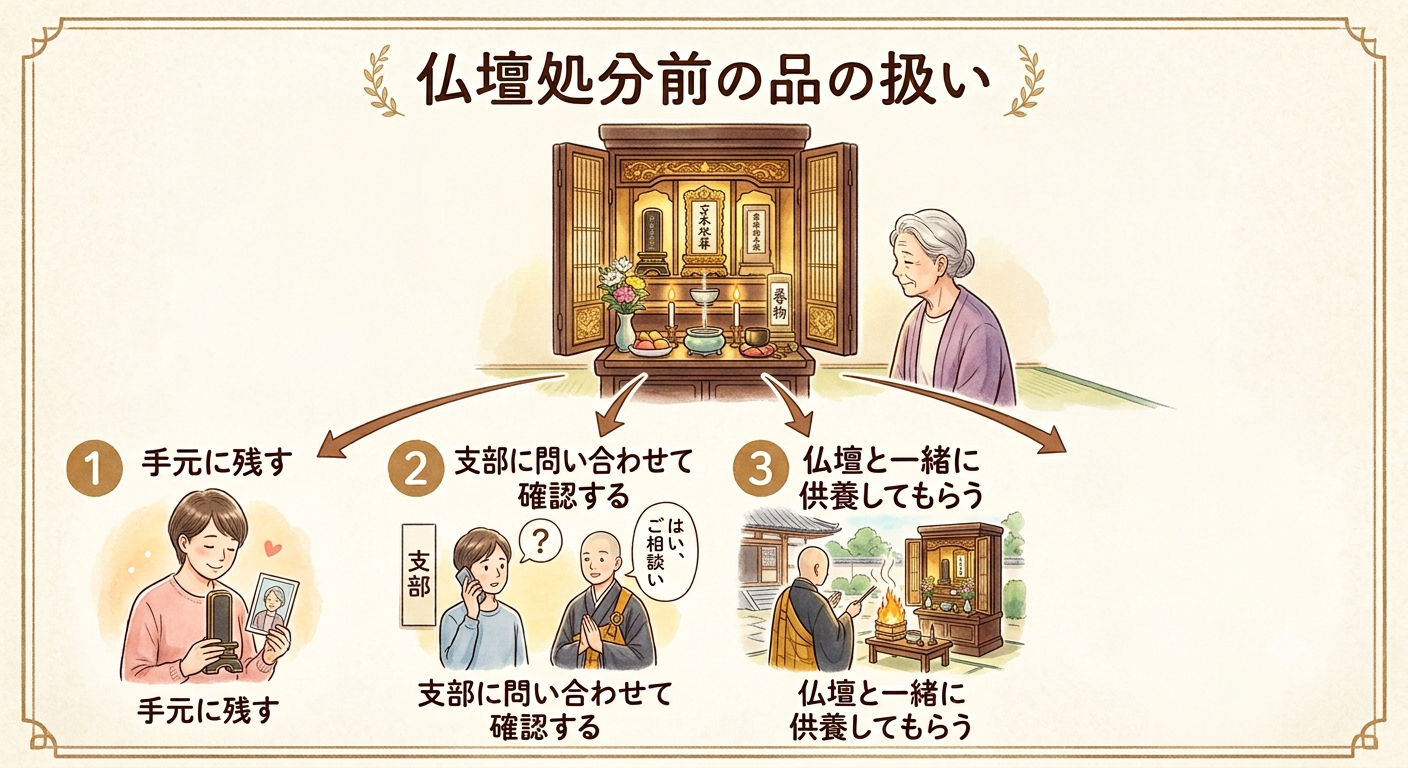 仏壇の中の品の扱いを処分の前に決める3つの選択肢をやさしく描いたイラスト