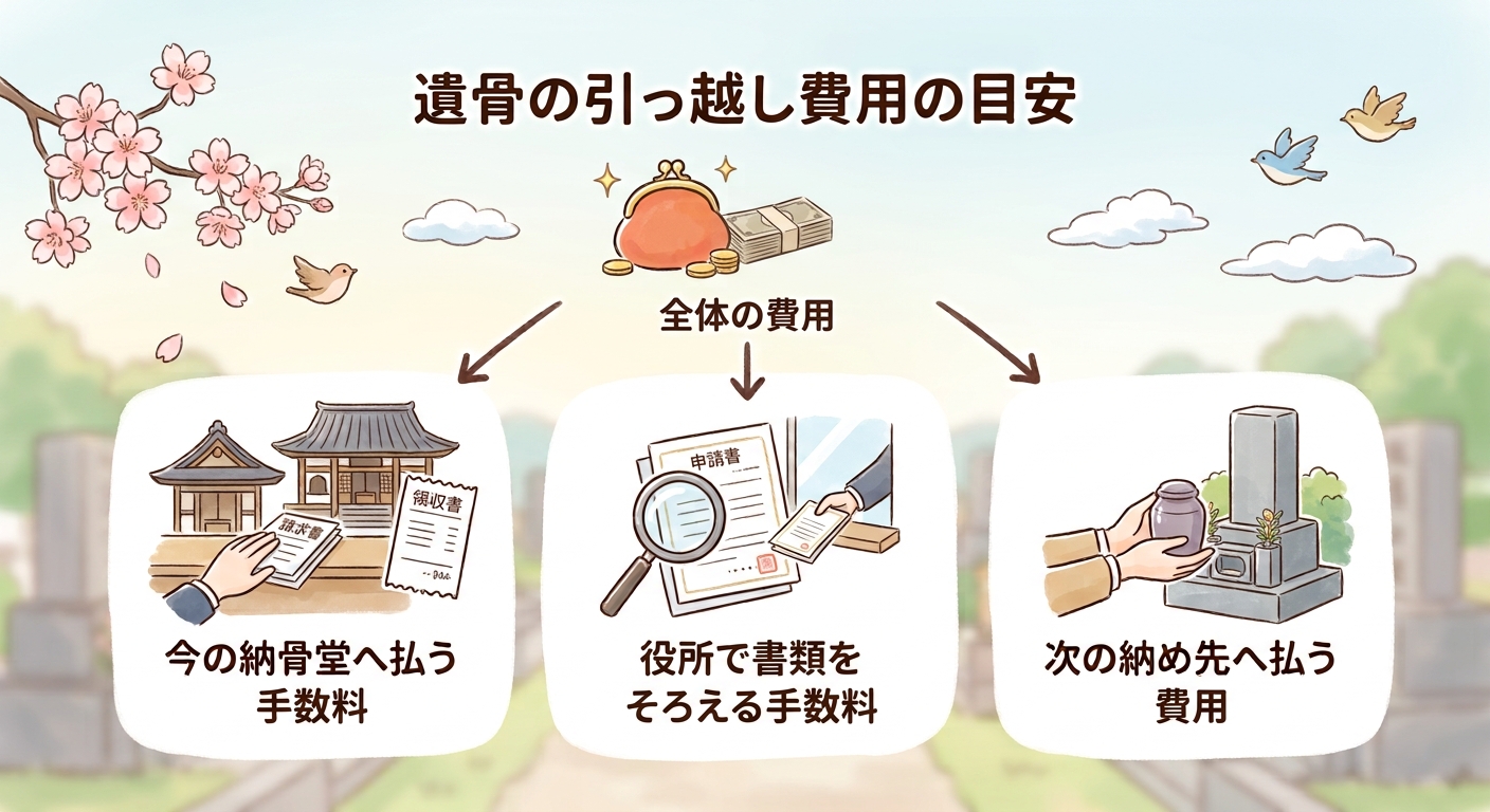 解約と遺骨の引っ越しにかかる費用が3つに分かれることを示すイラスト