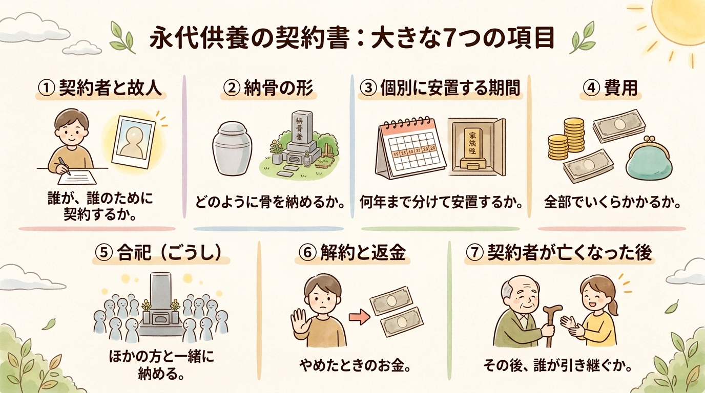 永代供養の契約書に書かれる項目は大きく7つ