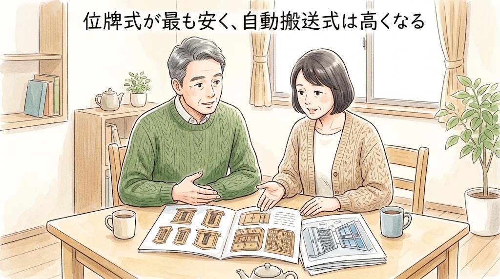 位牌式が最も安く、自動搬送式は高くなる